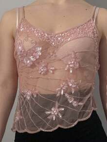 Women Y2k Fairy Sequin Butterfly Cami Tops Sleeveless Spaghetti Strap Mesh Sheer Crop Tank Tops See Through Camisole Summer Slim Fitted Shirt Vintage Aesthetic Clothes 2000S Streetwear - 粉色 - 查看 2