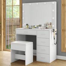 Yanosaku Vanity Desk With Mirror & 11 LED Lights, Makeup Vanity With Power Outlets, 5 Drawers & Chair, Perfect Gift For Daughter Or Wife, White - Xem 7