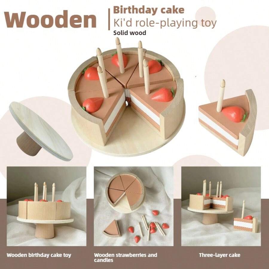 1 Box, Wooden Cake Toy, Solid Wood, Birthday Cake , Building Block Toy, Fake Food, Pretend Play Toy, Candle, Strawberry, Boy And Girl, Festival Gift, Christmas Gift, Over 3 Years Old, Role-Playing Cake ,Birthday Party Cake - Wooden Play Food With Mix-N-Match Toppings And 6 Candles - Wooden Toys - View 1