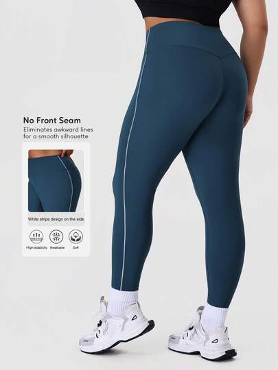 Sodalemon Plus Size Women Contrast Color Elastic Tight Leggings, Casual Outdoor Training Fitness Seamless Sports Yoga Pants