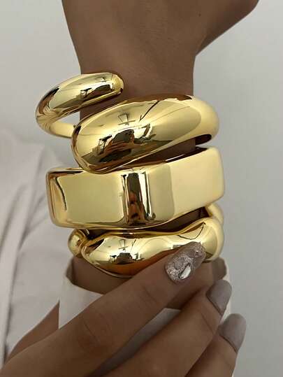 Zestaw 3/1 szt. Modny, elegancki, delikatny, vintage, geometryczny wzór kropli wody, fala, kwadrat, asymetryczny kształt CCB Metalowa, teksturowana, minimalistyczna szeroka bransoletka, odpowiednia na święta, imprezy, randki, prezent, do noszenia na co dzień