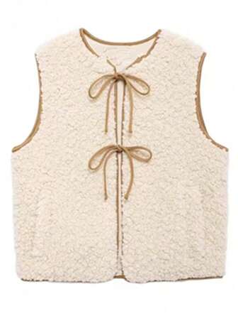 ZEVITY Women's Vintage Sleeveless Bow Design Wool Vest, Sweet Round Neck Casual Fitted Cardigan Jacket LS1105