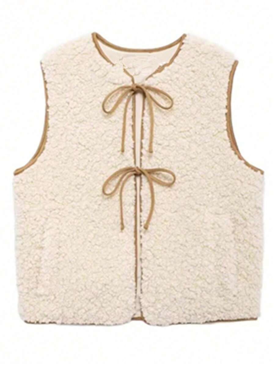 ZEVITY Women's Vintage Sleeveless Bow Design Wool Vest, Sweet Round Neck Casual Fitted Cardigan Jacket LS1105 - Apricot - View 1