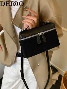 Dedoo 1 chiếc túi đeo chéo vuông bằng da PU màu trơn vân vải, ví nhỏ dành cho nữ, phù hợp để phối đồ hàng ngày, túi xách nữ màu vàng kem thời trang. - màu đen - Xem 9