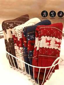 Thick Christmas Socks With Reindeer Print Warm Winter Socks Non Slip Mid-Calf Socks Suitable For Autumn And Winter Sleeping Home Daily Wear Hiking Crew Boot Socks For Women Holiday Socks Machine Washable Cozy Fuzzy Winter Socks Outdoor Casual Socks Decorative Socks Home Essentials - Multicolor - View 2