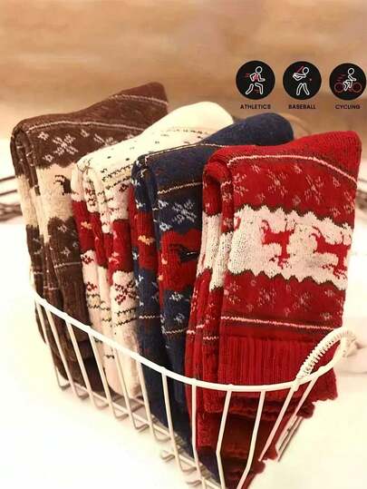 Tjocka julstrumpor med rentryck, varma vinterstrumpor, halkfria, mitten av vaden, lämpliga för höst och vinter, sovplatser, hemma, vardagskläder, vandringsstrumpor för kvinnor, högtidsstrumpor, maskintvättbara, mysiga, luddiga vinterstrumpor, utomhusstrumpor, dekorativa strumpor, heminredning