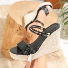 Women's Spring/Summer New Beach Vacation Casual Fashion Non-Slip Comfortable Round Toe High Heel Wedge Rope Thick Bottom Sandals - Black - View 9