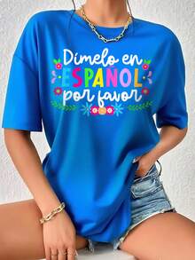 Camiseta Suelta de Moda Impresa, Estético Español Camiseta Gráfica , Prenda Básica de Temporada para Mujer Moderna - Azul - Ver 1