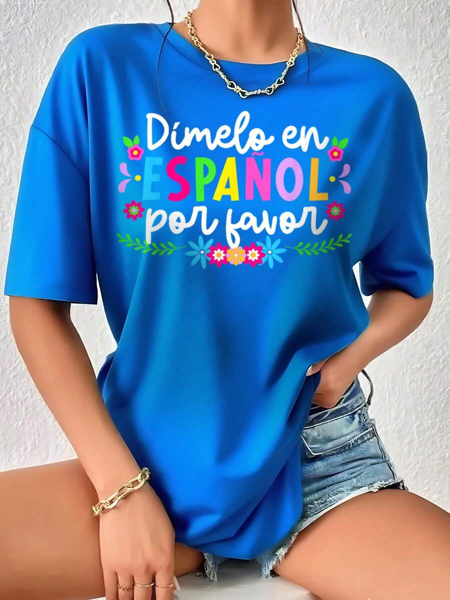 Camiseta Suelta de Moda Impresa, Estético Español Camiseta Gráfica , Prenda Básica de Temporada para Mujer Moderna - Azul - Ver 1