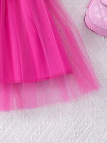 女童长袖圆领荷叶边罗纹撞色网纱连衣裙，甜美可爱，适合秋冬季节穿着。 - 玫紅色 - 查看 7