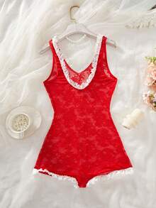 情人节&婚礼季女士红色睡衣，蕾丝，蝴蝶结，荷叶边，浪漫，透视，性感内衣连体衣，新娘红色连体衣。 - 紅色 - 查看 9