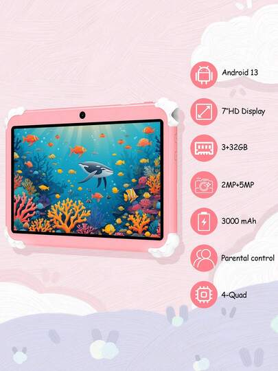 Qetupa Kids Android 14 Tablet, 7-Inch Tablet With Protective Case, 32GB Storage, 3GB RAM, Quad-Core Processor, 1024*600 IPS Touch Screen,3000mAh Battery,0.2MP+2MP Dual Camera, 802.11b WIFI 2.4GSupports Micro SD Card 1TB Expansion, Dual Cameras, WIFI6+, Tablet, Gift For Kids