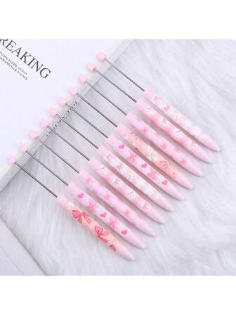 [10 Pieces] New Pink Bow DIY Long Printed Bead Pens Focus Bead Gift Body, A Variety Of Cute Pink Beaded Silicone Column Plastic Pens, Valentine's Day Gift Souvenirs Making.
