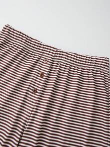 2Pcs Pajamas Sets for Women Sleeveless Bow Decor Striped Vest Tops with Elastic Waist Pants Loungewear - Marrón - Ver 8