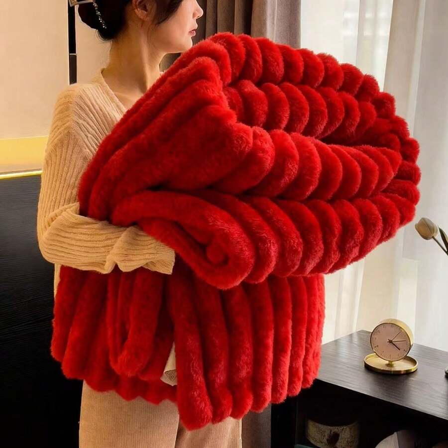 1 pieza Manta de franela de jacquard de un solo color con rayas de doble cara, adecuada para todas las estaciones, se puede usar como regalo de Navidad, ideal para dormitorio, sofá, viajes al aire libre, super suave