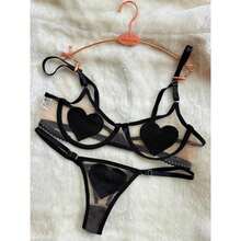 Transparent Tulle Set With Heart Appliqué And Bow. - 黑色 - 查看 2