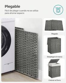 SONGMICS Cesta de Almacenamiento, Cesta de Lavandería de 90 L con Tapa, Plegable, Bolsas de Tela Extraíbles y Asas, para Mantas, Ropa, Salón, Dormitorio, Lavadería, Gris - Gris - Ver 6