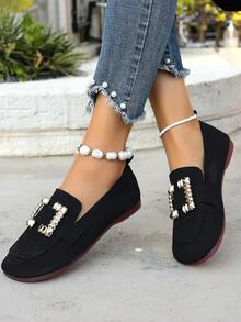 Women's Round Toe Flat Loafers, 2025 New Soft Bottom Slip-On Shoes With Rhinestones, Square Buckle Flat Canvas Shoes, Moccasins - Black - View 4
