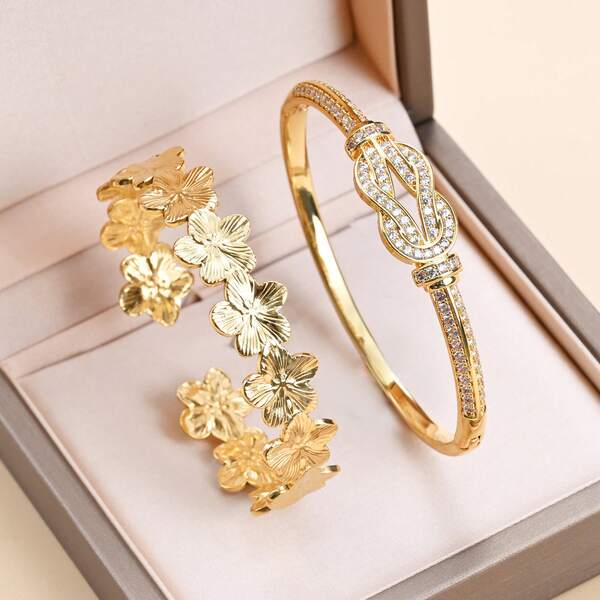 2 piezas/1 pieza Juego de pulseras para mujer con pulsera floral y cierre de anillo entrelazado, brazalete elegante de joyería de mano, accesorio de moda minimalista para uso diario y regalo [Envío sin la caja]