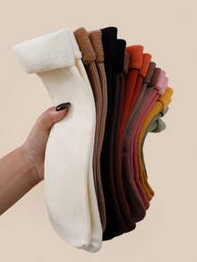 3 Pairs Women's Solid Color Thermal Lined Warm Snow Socks, Comfortable Breathable Crew Socks For Autumn/Winter, Cozy Socks