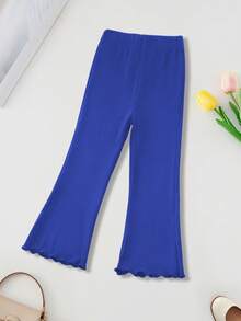 女童纯色竖条纹高弹舒适公主风长款打底裤，春夏新品，女童喇叭高腰弹力荷叶边休闲阔腿裤 - 寶藍色 - 查看 2