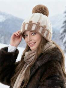 冬季时尚撞色针织帽，女士骑行耳罩帽，防风保暖加厚针织帽 - 彩色 - 查看 5