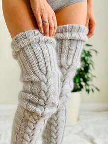 1 Pair Grey Thigh High Socks, Thermal Lined Knee High Socks For Women, Suitable For Autumn/Winter, Holidays & Parties, Cozy YQU8 - 灰色 - 查看 5