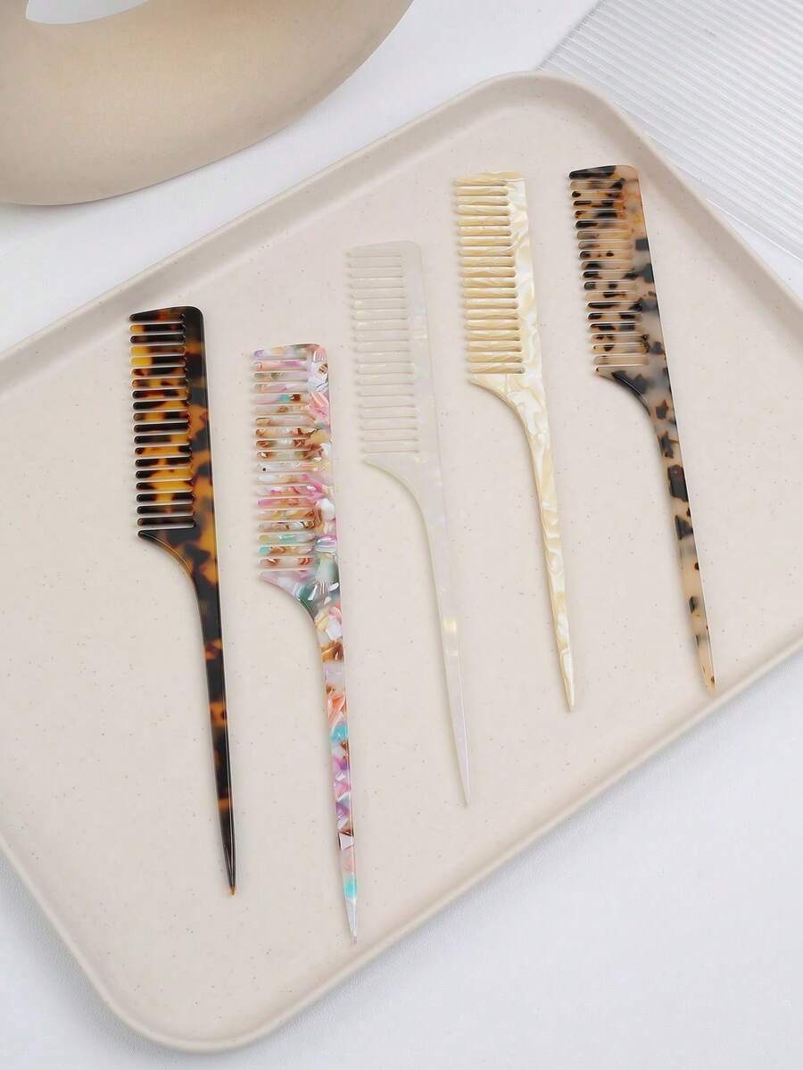 Simple Marble Texture Cellulose Acetate Long Handle Pointed Tail Comb, High-End Leopard Print Hair Brush, Anti-Static, Gentle On Hair, Detangling Comb ,Hair Styling Tools - 彩色 - 查看 1