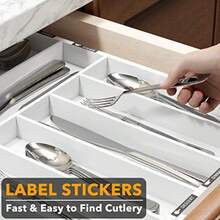 Organizador de cajón de cubiertos de bambú TFKI con etiquetas, organizador expandible de bandejas para utensilios de cocina, organizador de almacenamiento de cubiertos, tenedores y cuchillos, 10 ranuras, color blanco - Blanco - Ver 5