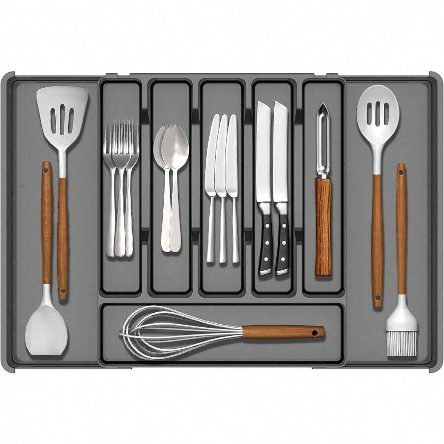 TFKI Silverware Drawer Organizer Expandable Utensil Tray For Kitchen Drawers Flatware And Cutlery Holder Adjustable Plastic Storage For Utensil Like Spoons Forks Knives.Black - màu đen - Xem 1