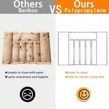 Organizador de cajón de cubiertos TFKI, bandeja de utensilios expandible para cajones de cocina, soporte de cubertería y cubiertos, almacenamiento de plástico ajustable para utensilios como cucharas, tenedores, cuchillos. Transparente - claro - Ver 3