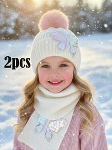 مجموعة قبعة وأوشحة مزينة بالترتر على شكل فراشة للأطفال البنات، مجموعة إكسسوارات شتوية دافئة - 2 قطعة - مشاهدة 3