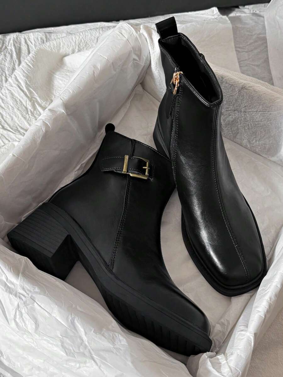 秋冬季弹力踝靴，新款通勤风皮革方头粗跟后拉链修身靴 - 黑色 - 查看 1