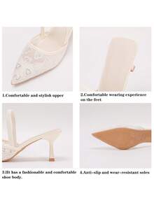 女士7厘米高跟网纱花卉图案闭趾凉鞋，黑色尖头猫跟套脚凉鞋，仙女风弹力高跟鞋 - 白色 - 查看 9