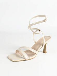 Women's Apricot Square Toe High Heel Sandals, Criss-Cross Strap Ankle Buckle Stiletto Heels, Minimalist White Mid Heel Sandals, Suitable For Party, Nightclub, Wedding, Bridesmaid, Date, Vacation, Daily Wear - Apricot - View 8