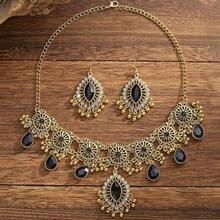 Retro Hollow Out Jewellery Set Traditional Bridal Choker Necklace Earring Women Bollywood Statement Boho Exaggerated Antique Oxidized Beads Tassel Classic Wedding Party - 黑色 - 查看 2