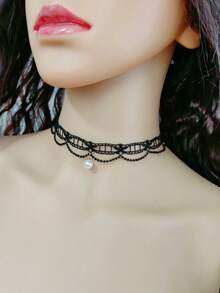 1pc Lace & Pearl Choker Necklace, Gentle Elegant Collar Necklace Chain Suitable For Daily Wear, Vacation, Wedding