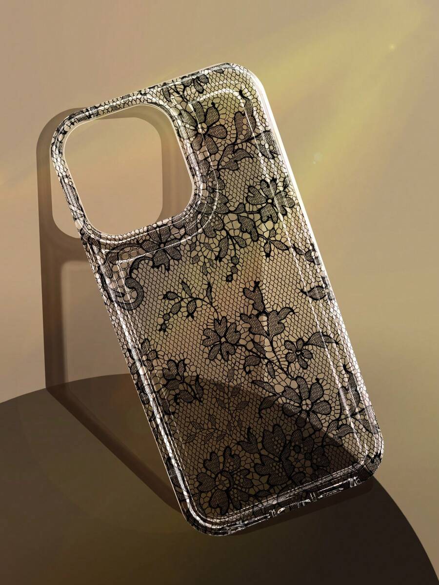 1个优雅浪漫蕾丝图案防滑透明气垫软手机壳，兼容 11/12/13/14/15/16 Pro Max - 彩色 - 查看 1