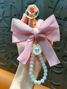 1pc Elegant Large Satin Bow Keychain, Beaded Pearl Bracelet Pendant, 6 Color Options, Creative Charm Bag Accessory, Key Chain For Women, Gifts For Girlfriend, Mom, Teacher, Couples, Christmas, Thanksgiving, Party