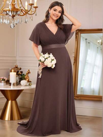EVERPRETTY Plus Size Elegant V-Neck Ruched Waist Brown Bridesmaid Dress, Suitable For Wedding, Dinner Party, Birthday Party, Valentine's Day Spring