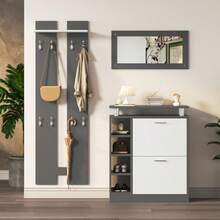 Wandgarderobe-Set 80 x 25 x 96,5 cm, inkl. Spiegel, 2 Wandpaneels, eine Regalwand und ein Schuhschrank, Korpus anthrazitgrau matt, Flurmöbel, Flurtrockenständer, Flurgarderobe, Schuhwechsler-Set,