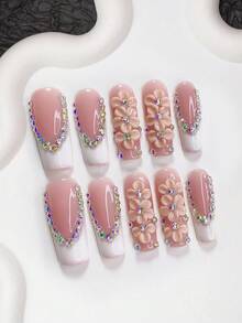 10件套彩色闪粉美甲套装，包含3D手工压花美甲贴纸、手工法式假指甲、粉色花朵美甲配件、裸粉色和金色美甲凝胶，持久凝胶美甲套装，三种尺寸可选：杏仁形、鸭嘴形、棺材形，包含美甲工具（1张果冻贴纸+1把指甲锉），适合派对、婚礼、秋冬季节和日常佩戴。 - 彩色 - 查看 4