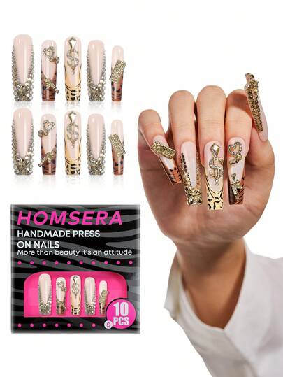 10Pcs Y2K Leopard Print Long Square Press On Acrylic Nails, DIY Design Brown DIY Nail Stickers Set 3D, Featuring Dollar Signs, Hearts, And Diamond Gemstone Decorations, Suitable For Nail Salons, Girls And Women Nail Supplies XXL/XXXL For Daily Wear And Holiday Party Decorative Gifts