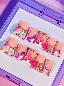 Sugar Burn Duck Tip Press On Nails, Handmade Pink Flame Nails, Ice Cream Charms, Stars, Rhinestones, Sweet Y2K Glam Summer - Pink - View 1