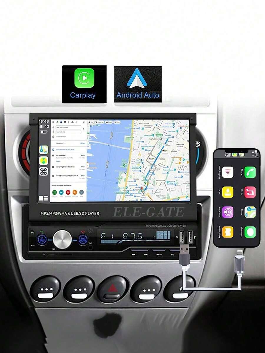 Autoestéreo 1DIN con Mirrorlink, Pantalla Táctil Retráctil HD de 7 pulgadas, GPS y Soporte Multilingüe - Negro - Ver 1