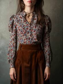 Women's Elegant Long Sleeve Shirt, All-Over Floral Print, Spring And Autumn Clothing ,Suitable For Casual Home Wear Or Commuting, 100% Polyester, Machine Washable - Multicolor - View 4