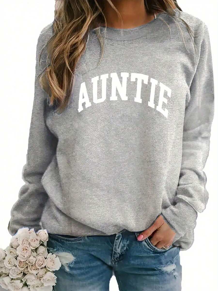 2026 New Year Outfit Women Plus Size 'AUNTIE' Letter Print Sweatshirt - Soft Machine Washable Polyester Fiber Crew Neck Pullover, Autumn Winter Casual Comfortable Fashion Design, Cute Loose Top, Daily Wear, Comfortable Fabric, Casual Style Loose And Comfortable Winter Clothes For Women - 淺灰色 - 查看 1