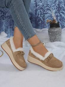 Botas de neve femininas com plataforma e sola grossa, detalhes em metal, mocassins sem fecho, calçados casuais confortáveis e quentes para o inverno, botas com forro de pele. - Caqui - Ver 3