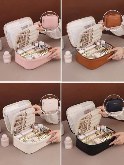 大容量旅行化妆包，双层化妆包，PU皮革化妆品收纳包，带分隔的便携式洗漱包，多功能女士手提包，防水旅行包