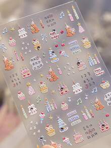 1 Schleife süße Happy Birthday Kuchen Nagelkunst Sticker, beinhaltet Teddybär, Kerze, Zahlen, Desserts, Sterne, Fliege und Strass, 5D stereoskopische Nail Decals, selbstklebend, geeignet für Frauen Feiertags-DIY Maniküre - Verschiedenfarbig - Übersicht 5